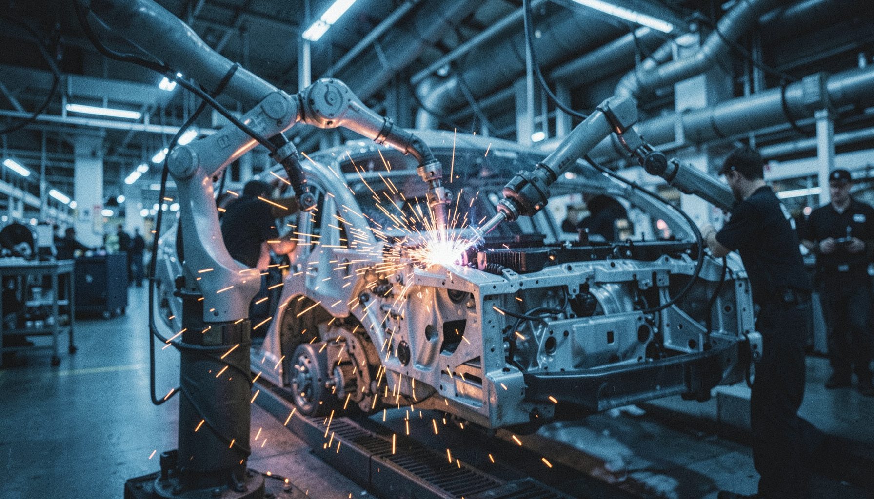Wide-angle view of a modern automotive assembly line with robotic arms welding a vehicle chassis, bathed in cool blue industrial light with warm orange sparks, shallow depth of field, visible film grain