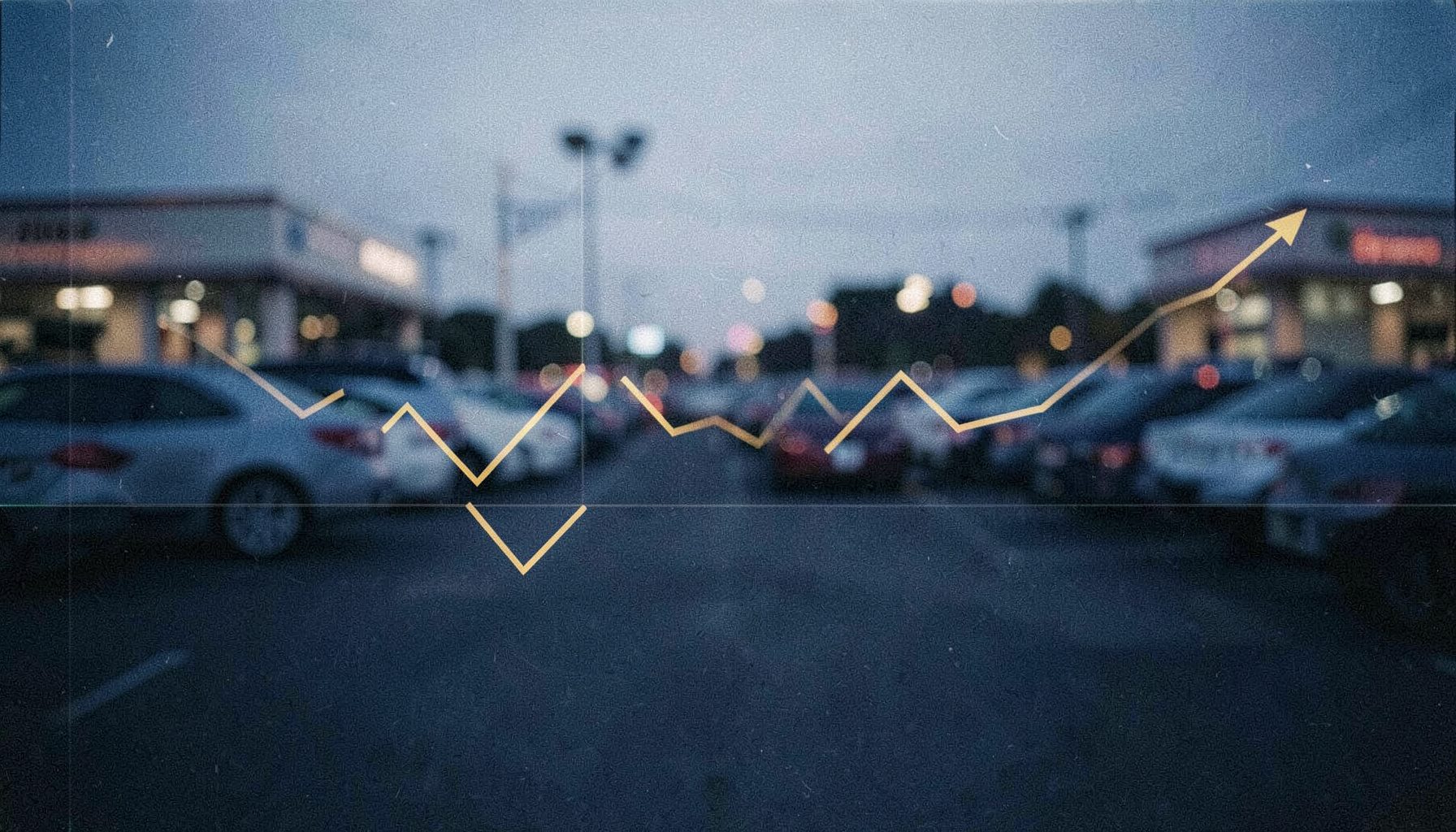 Abstract financial chart with upward-trending line overlaid on a blurred automotive dealership lot at dusk, navy and gold tones, grainy film aesthetic