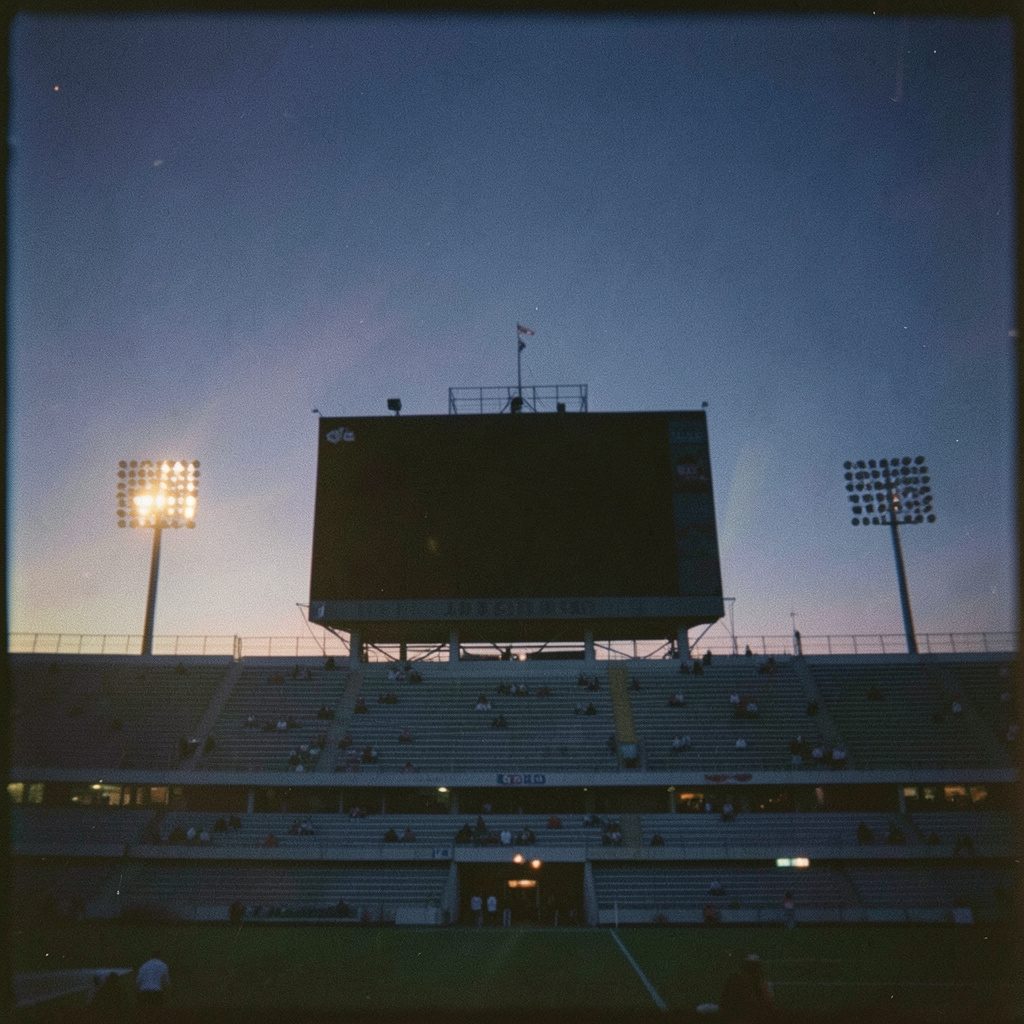 Analog photograph of a stadium scoreboard at twilight, navy sky with faint orange glow, empty seats below
