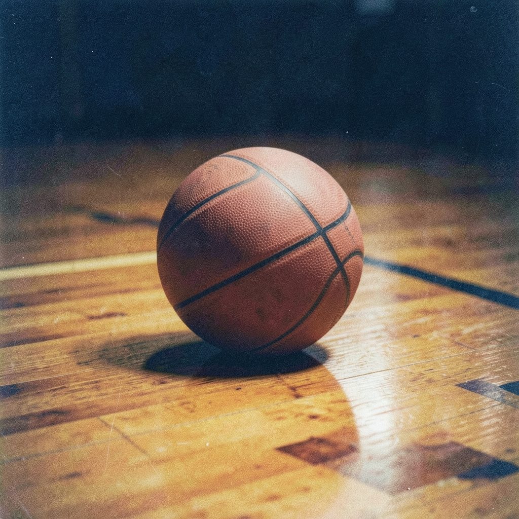 Grainy film photograph of a basketball resting on polished hardwood court, warm amber tones and deep shadows