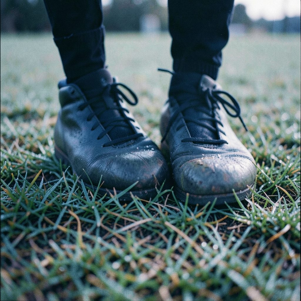 Close-up film shot of football boots on dewy grass, muted greens and browns, soft morning light
