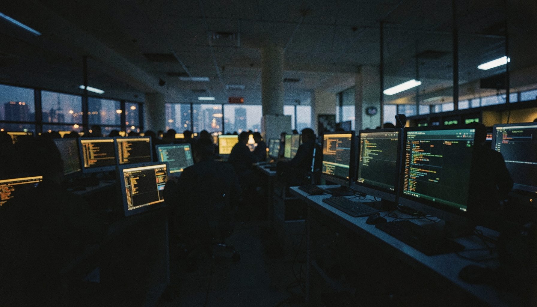 Wide-angle film photograph of a quiet trading floor at dusk, rows of dark monitors glowing amber and teal, deep navy shadows and warm gold highlights, visible grain