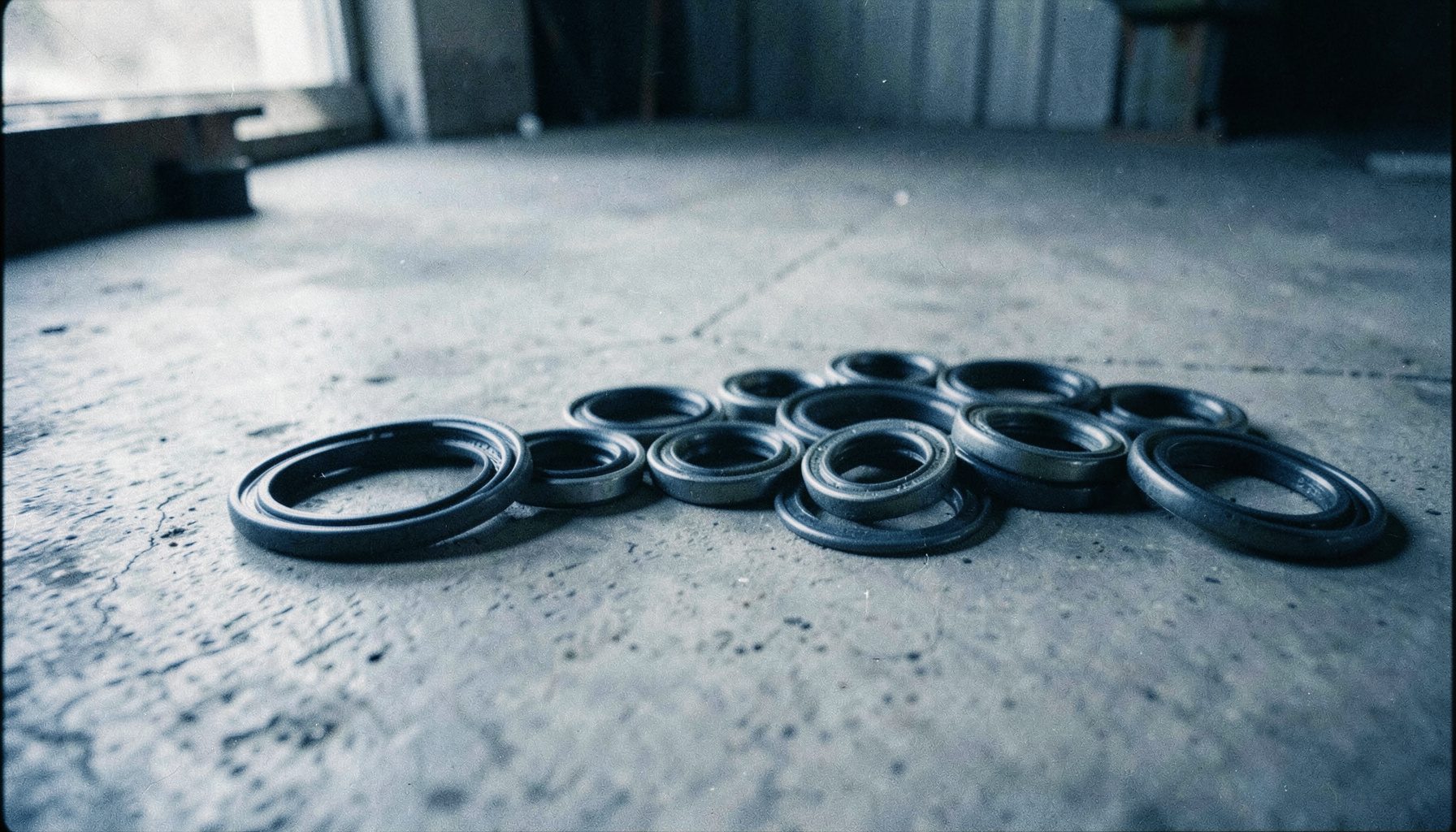 Film photo of a row of oil seals arranged on a concrete floor, industrial setting with soft natural light and visible grain