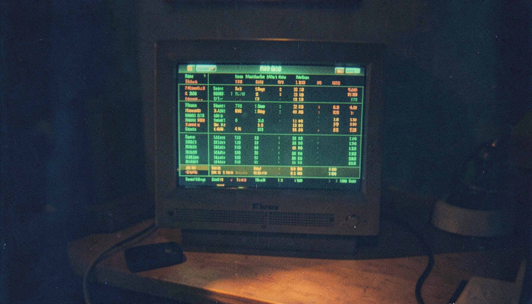 Grainy film photograph of a financial data terminal screen glowing green and amber in a darkened room, warm tungsten spill on a wooden desk
