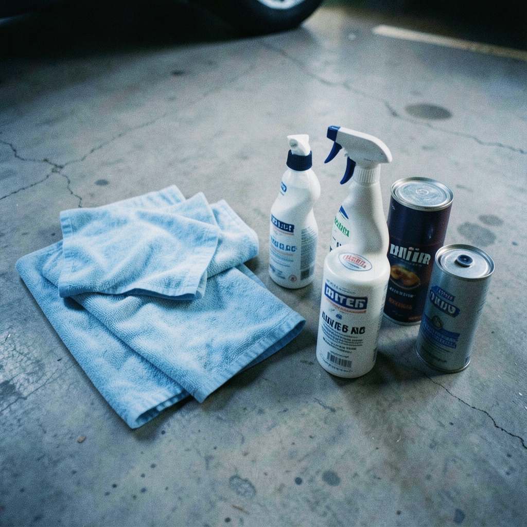 A grainy analog film photograph of car detailing supplies including microfiber cloths, spray bottles, and polish cans on a concrete floor, natural daylight