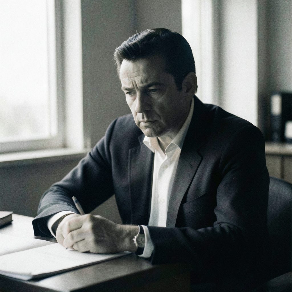 A grainy black-and-white portrait photograph of a journalist at work, soft natural light from a window, contemplative expression, warm midtones and deep shadows.