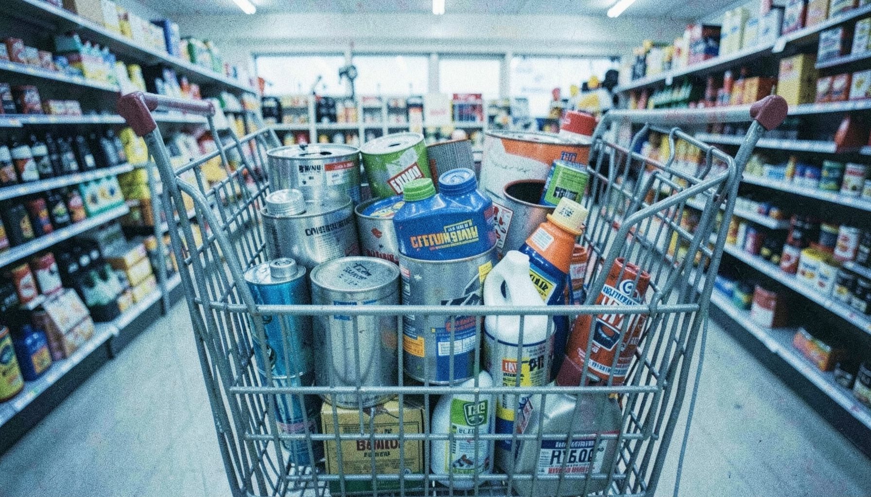 A grainy analog film photograph of a shopping cart filled with automotive products including oil cans, air filters, and cleaning supplies in a bright retail aisle