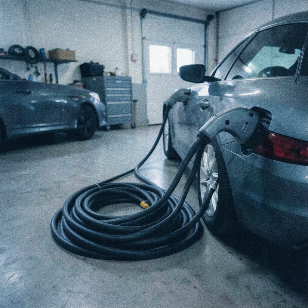 A grainy analog film photograph of electric vehicle charging cables coiled neatly beside a modern car in a softly lit garage, muted grays and blues